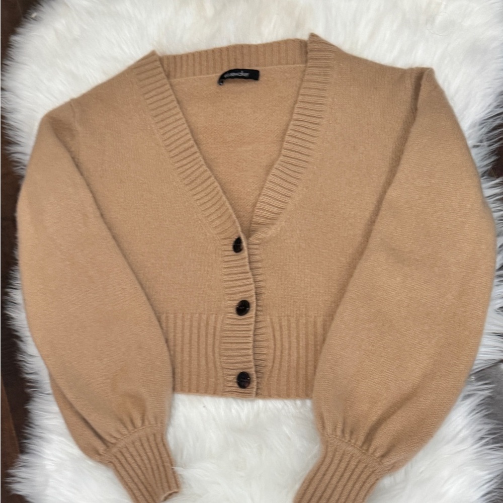 Elyse Walker Cropped Cashmere Sweater Cardigan Button Camel Neutral SOFT, Small